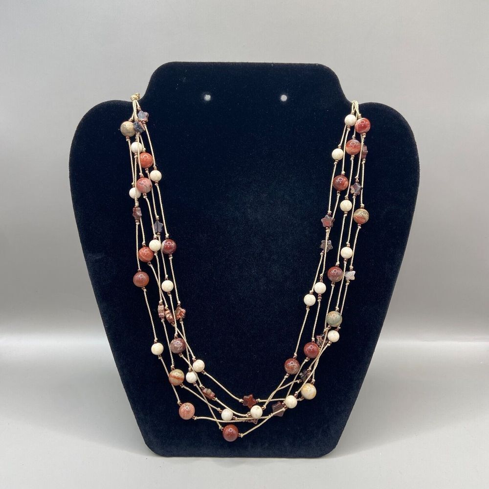 Multi Strand Braided Cord Necklace w/ Red & Beige Round/Star Jasper Stone Beads